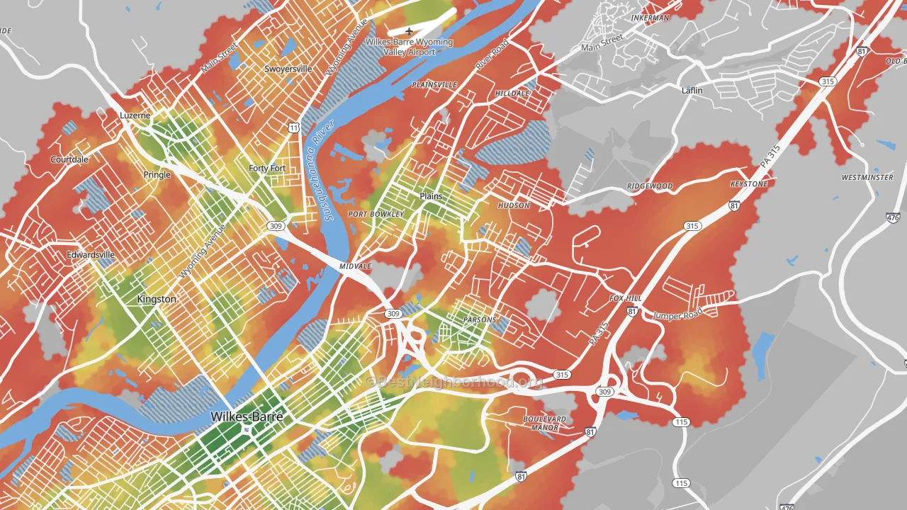 Walk Grade map of 18705, PA, walkable areas in green and car-dependent areas in red