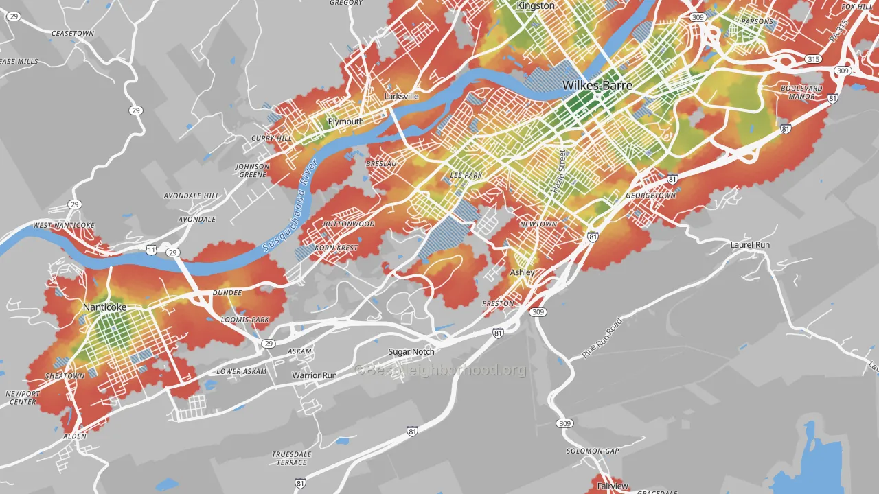 Walk Grade map of 18706, PA, walkable areas in green and car-dependent areas in red