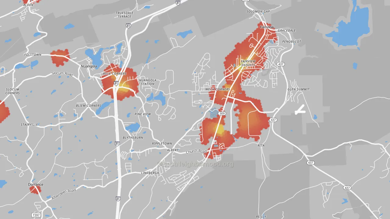 Walk Grade map of 18707, PA, walkable areas in green and car-dependent areas in red