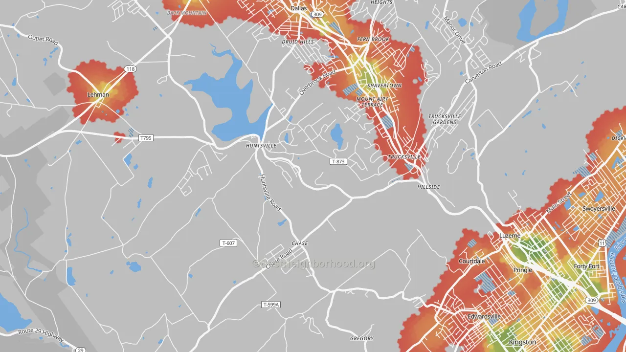 Walk Grade map of 18708, PA, walkable areas in green and car-dependent areas in red