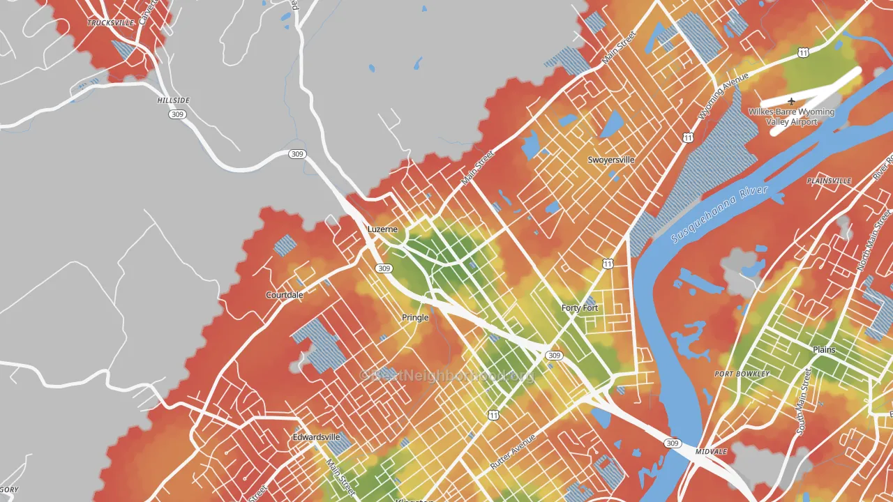 Walk Grade map of 18709, PA, walkable areas in green and car-dependent areas in red