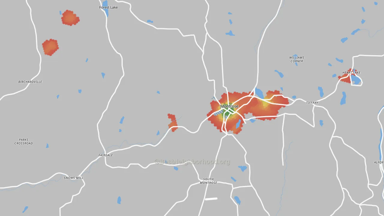 Walk Grade map of 18801, PA, walkable areas in green and car-dependent areas in red