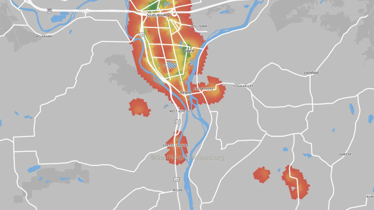 Walk Grade map of 18810, PA, walkable areas in green and car-dependent areas in red