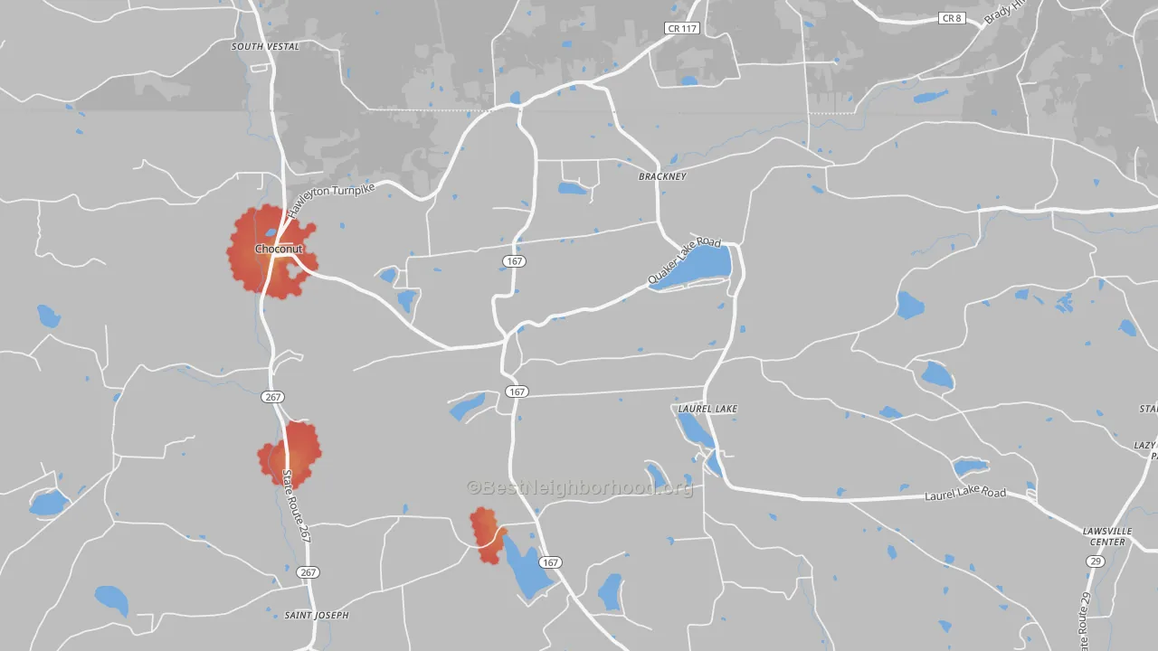 Walk Grade map of 18812, PA, walkable areas in green and car-dependent areas in red