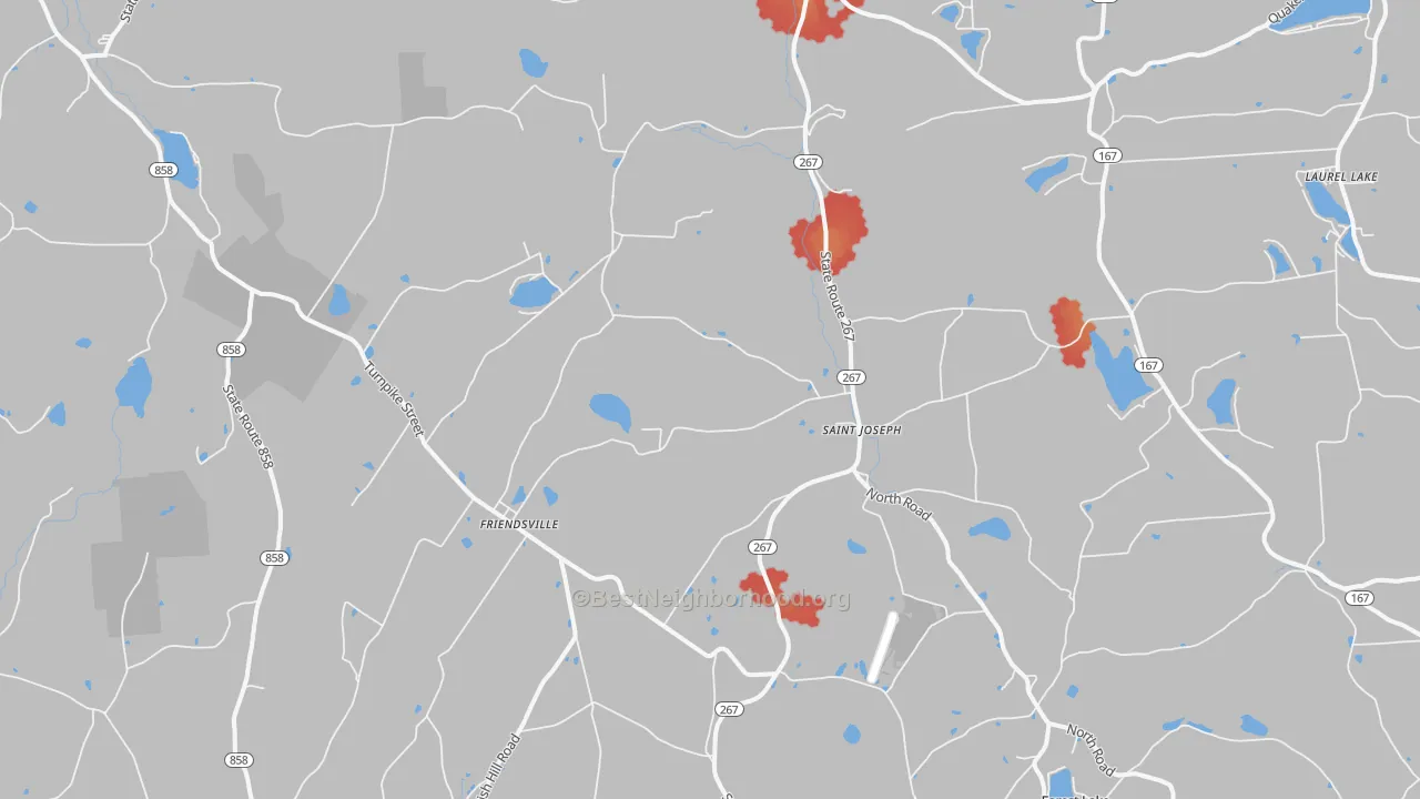 Walk Grade map of 18818, PA, walkable areas in green and car-dependent areas in red
