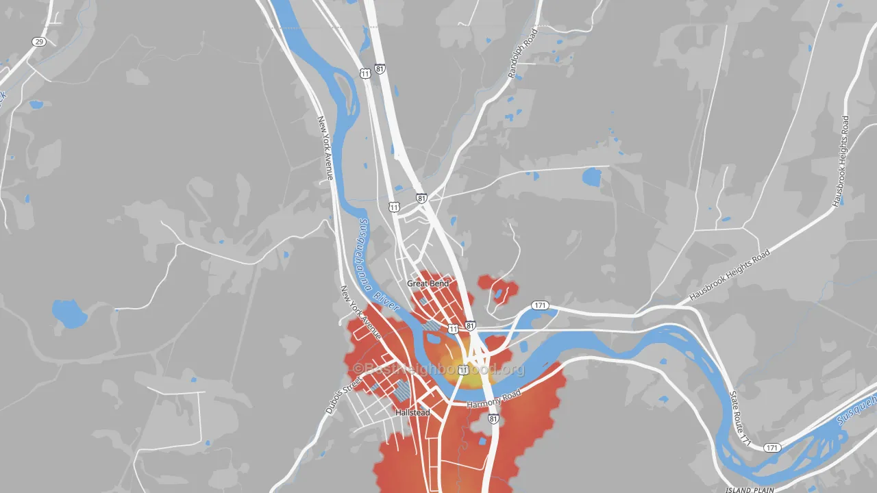 Walk Grade map of 18821, PA, walkable areas in green and car-dependent areas in red