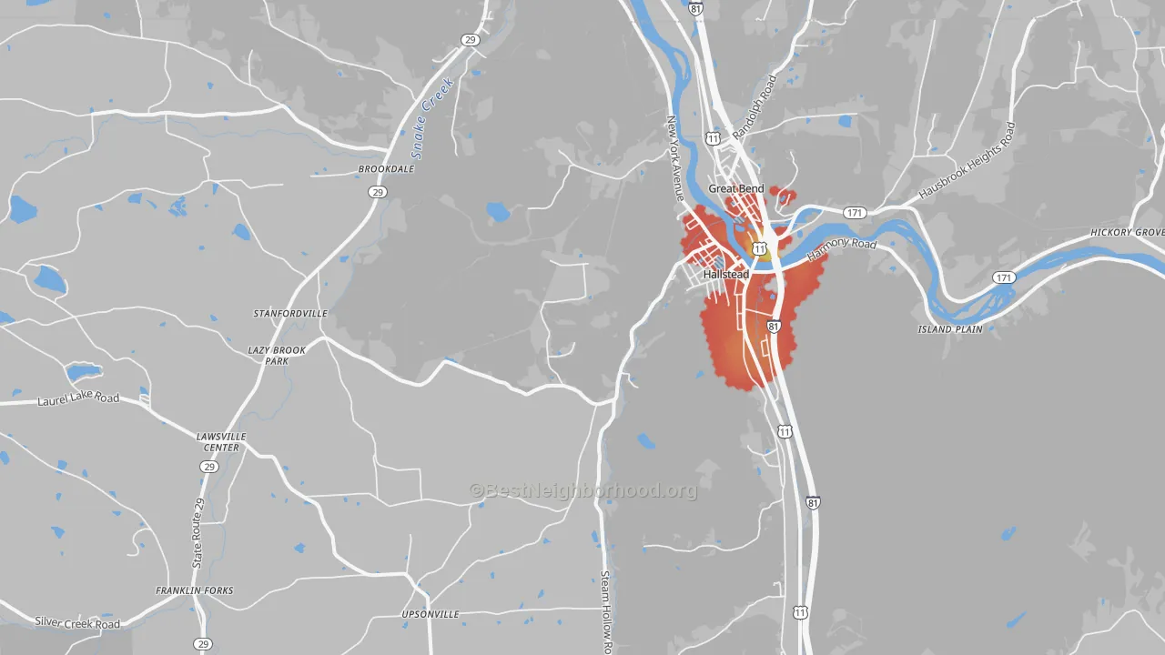 Walk Grade map of 18822, PA, walkable areas in green and car-dependent areas in red