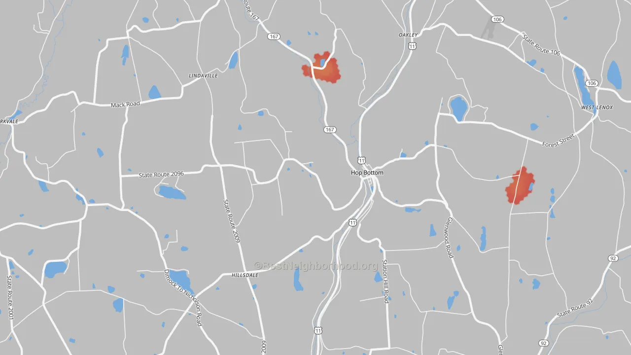 Walk Grade map of 18824, PA, walkable areas in green and car-dependent areas in red