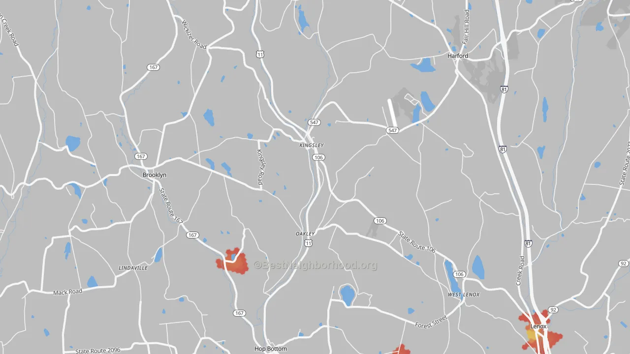 Walk Grade map of 18826, PA, walkable areas in green and car-dependent areas in red