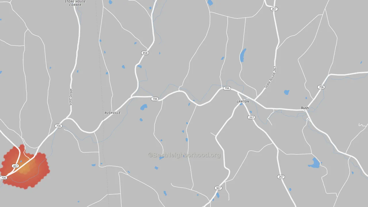 Walk Grade map of 18828, PA, walkable areas in green and car-dependent areas in red