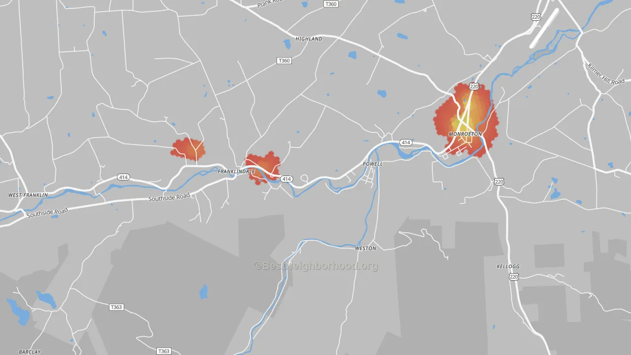 Walk Grade map of 18832, PA, walkable areas in green and car-dependent areas in red