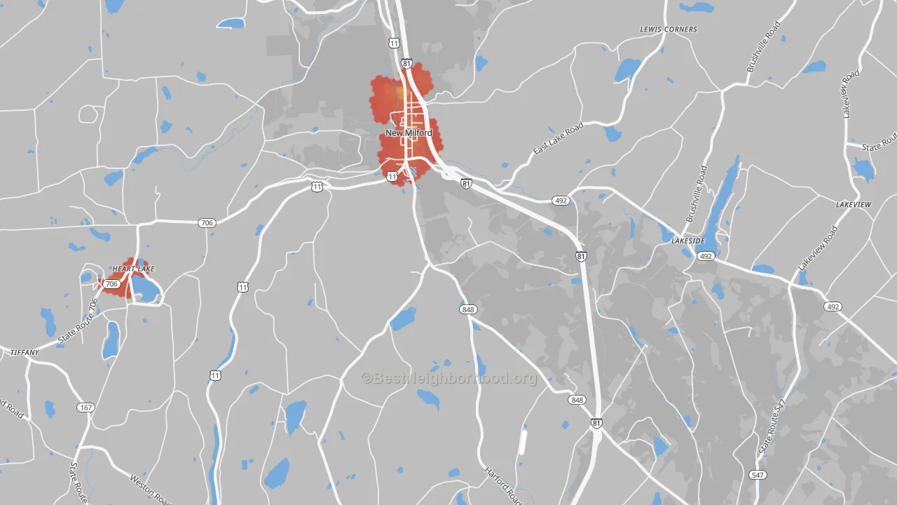 Walk Grade map of 18834, PA, walkable areas in green and car-dependent areas in red
