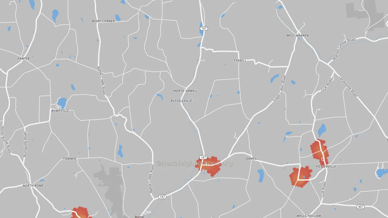 Walk Grade map of 18837, PA, walkable areas in green and car-dependent areas in red