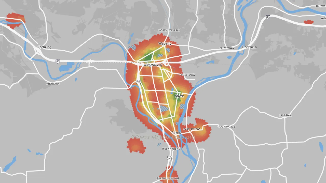 Walk Grade map of 18840, PA, walkable areas in green and car-dependent areas in red