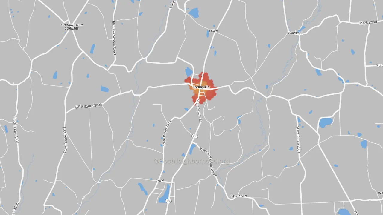 Walk Grade map of 18844, PA, walkable areas in green and car-dependent areas in red