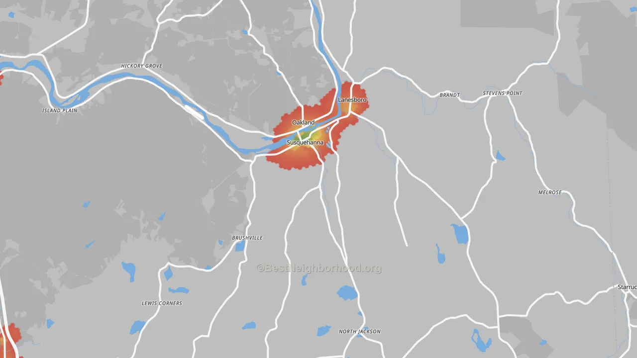 Walk Grade map of 18847, PA, walkable areas in green and car-dependent areas in red