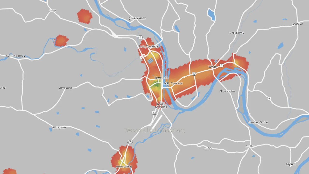 Walk Grade map of 18848, PA, walkable areas in green and car-dependent areas in red