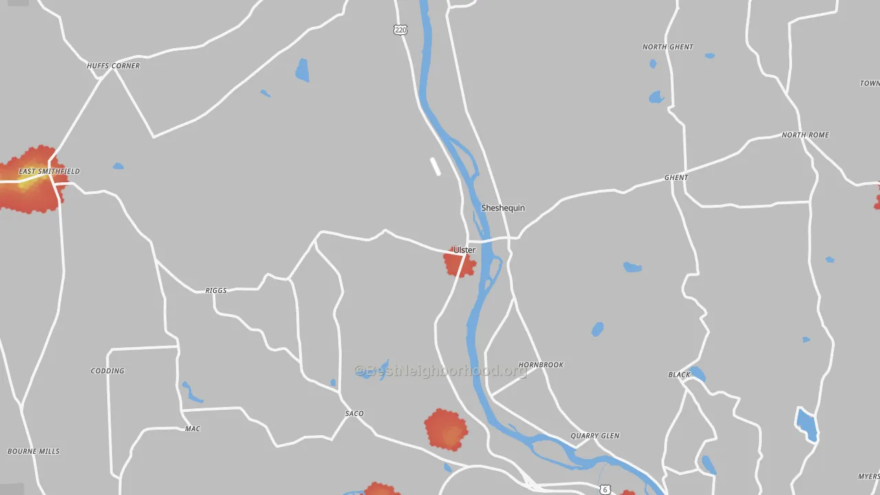 Walk Grade map of 18850, PA, walkable areas in green and car-dependent areas in red