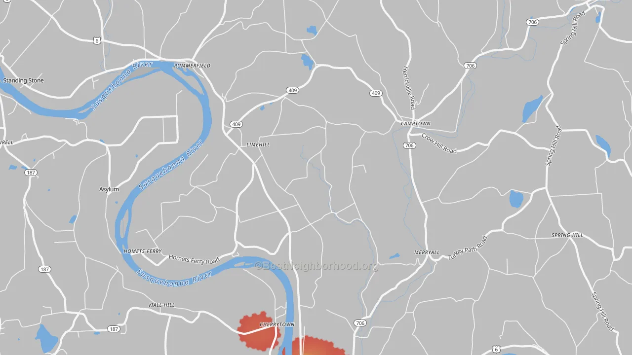 Walk Grade map of 18853, PA, walkable areas in green and car-dependent areas in red