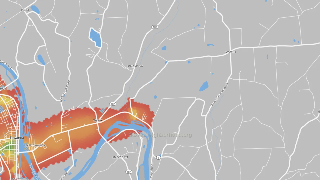 Walk Grade map of 18854, PA, walkable areas in green and car-dependent areas in red