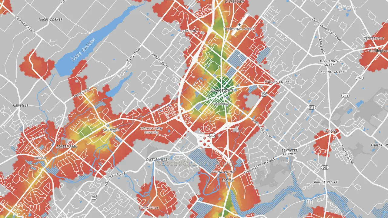 Walk Grade map of 18901, PA, walkable areas in green and car-dependent areas in red
