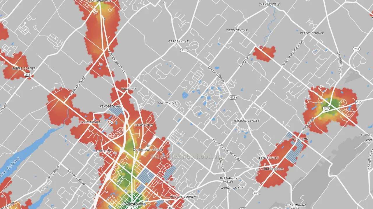 Walk Grade map of 18902, PA, walkable areas in green and car-dependent areas in red