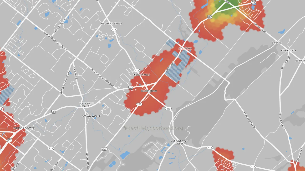 Walk Grade map of 18912, PA, walkable areas in green and car-dependent areas in red