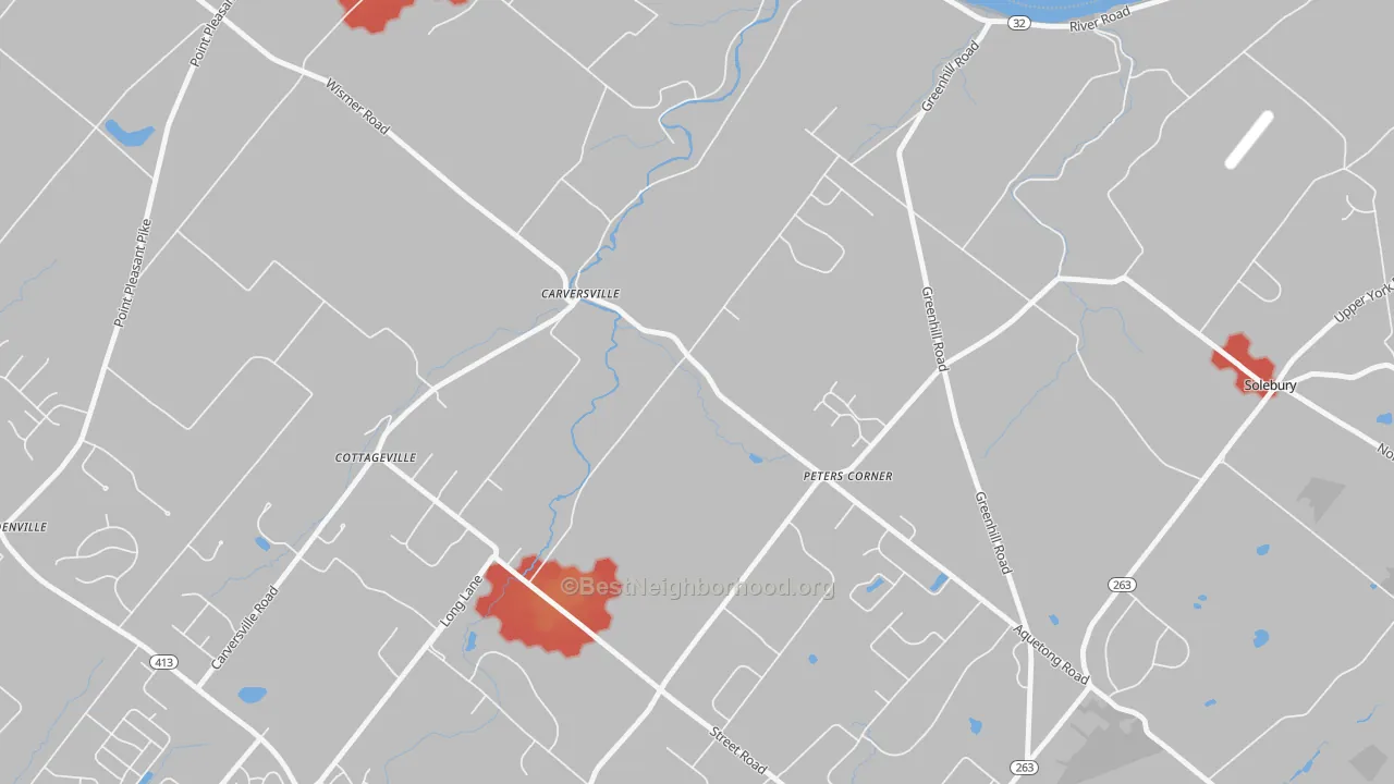 Walk Grade map of 18913, PA, walkable areas in green and car-dependent areas in red