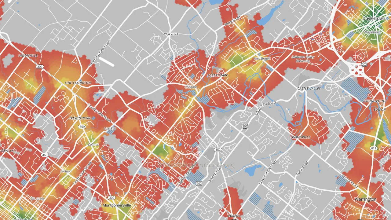 Walk Grade map of 18914, PA, walkable areas in green and car-dependent areas in red