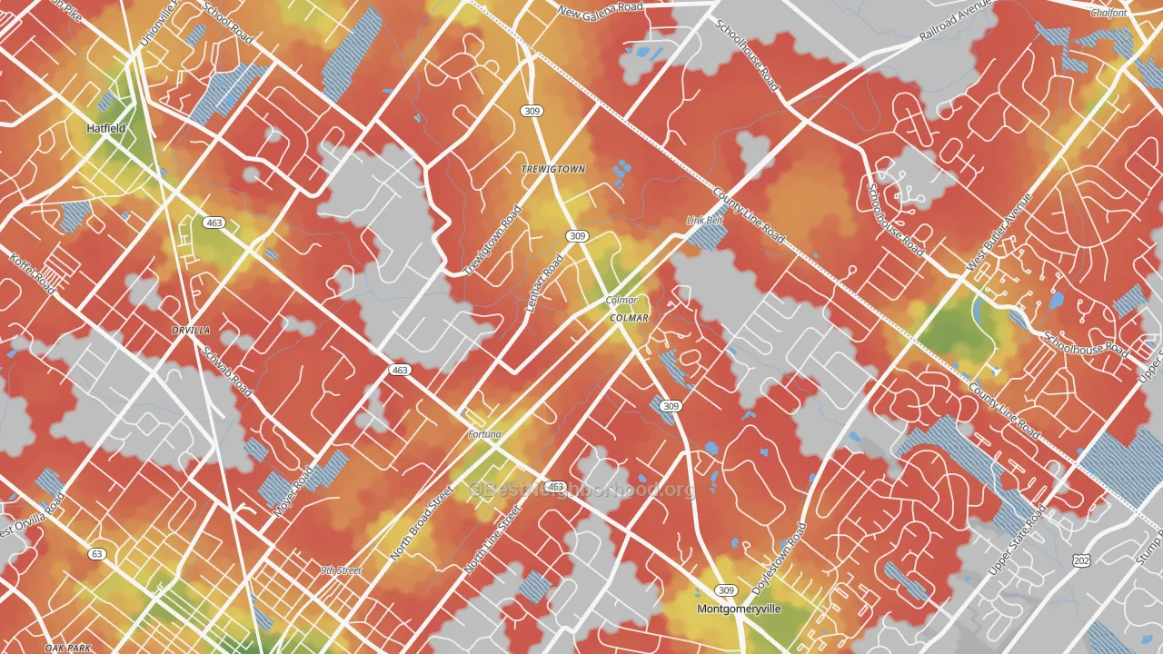 Walk Grade map of 18915, PA, walkable areas in green and car-dependent areas in red