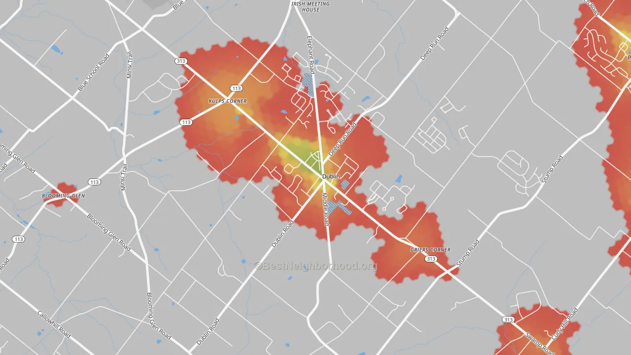 Walk Grade map of 18917, PA, walkable areas in green and car-dependent areas in red