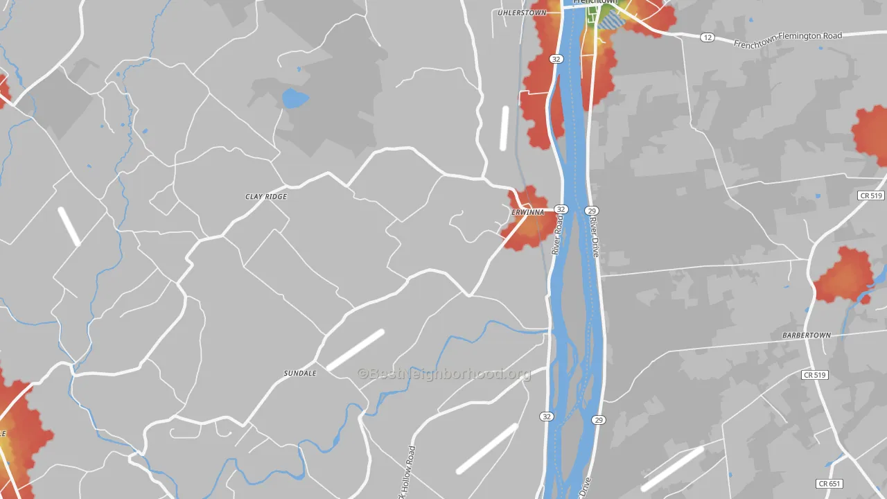 Walk Grade map of 18920, PA, walkable areas in green and car-dependent areas in red