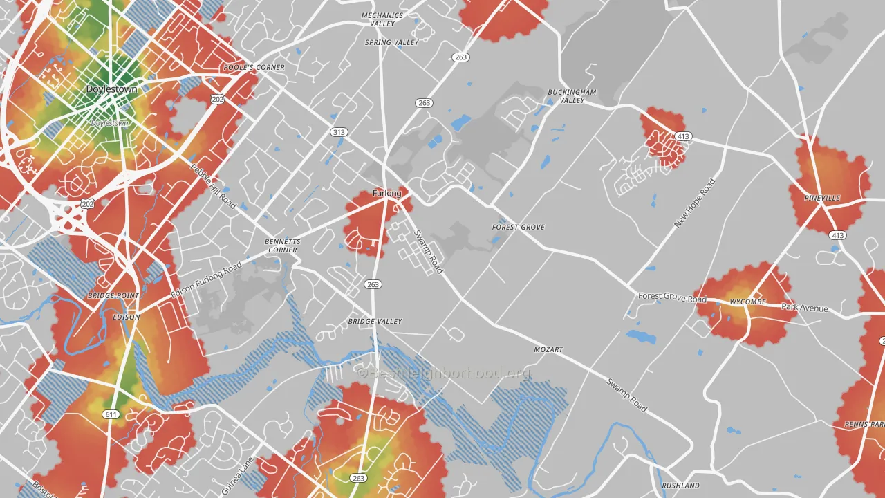 Walk Grade map of 18925, PA, walkable areas in green and car-dependent areas in red