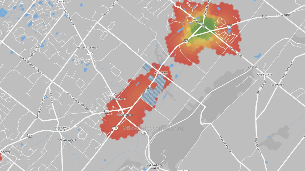 Walk Grade map of 18928, PA, walkable areas in green and car-dependent areas in red