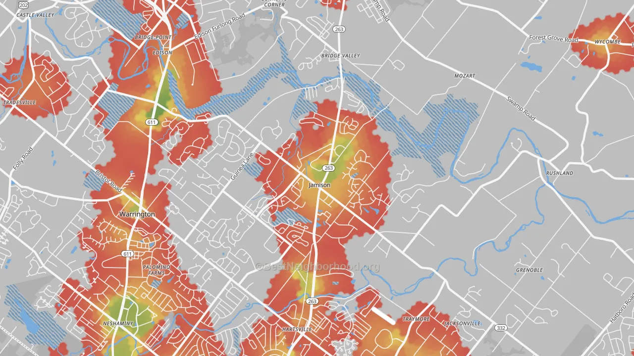 Walk Grade map of 18929, PA, walkable areas in green and car-dependent areas in red