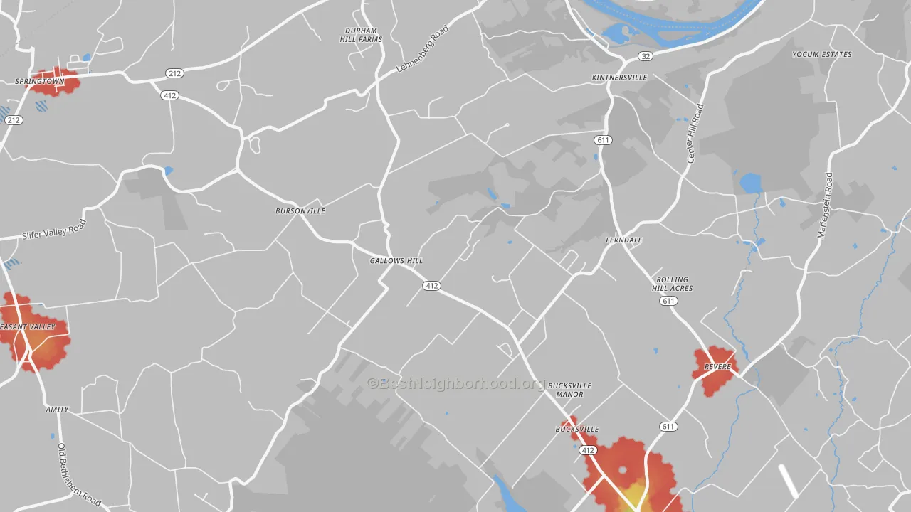 Walk Grade map of 18930, PA, walkable areas in green and car-dependent areas in red