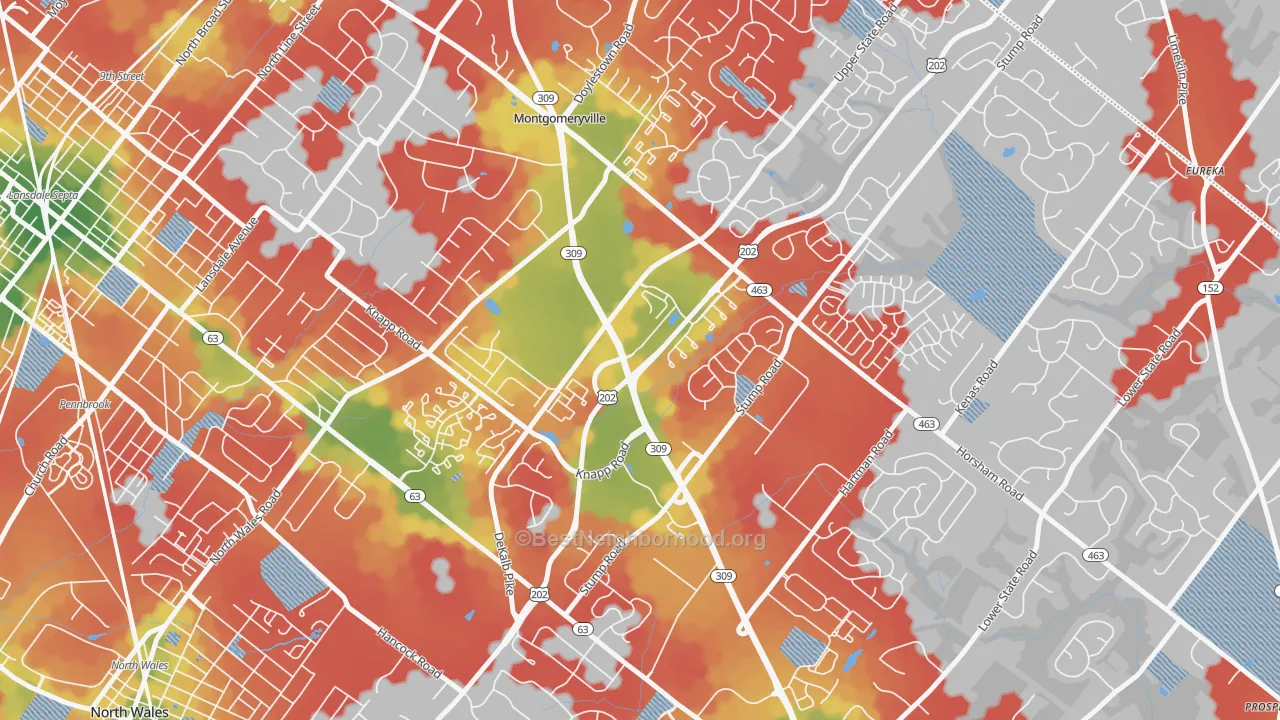 Walk Grade map of 18936, PA, walkable areas in green and car-dependent areas in red
