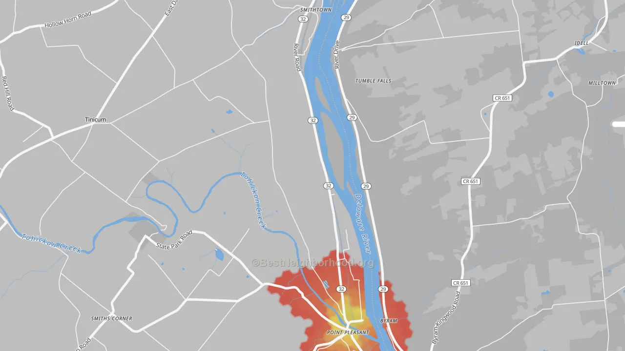 Walk Grade map of 18950, PA, walkable areas in green and car-dependent areas in red