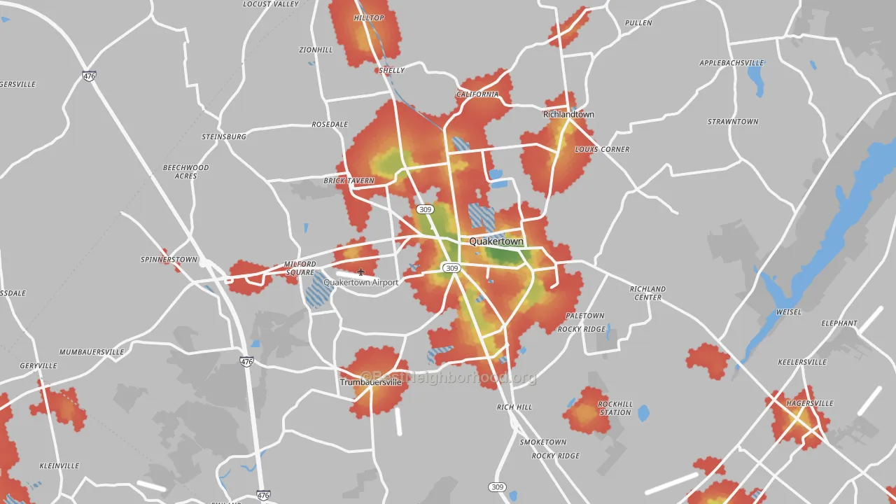 Walk Grade map of 18951, PA, walkable areas in green and car-dependent areas in red