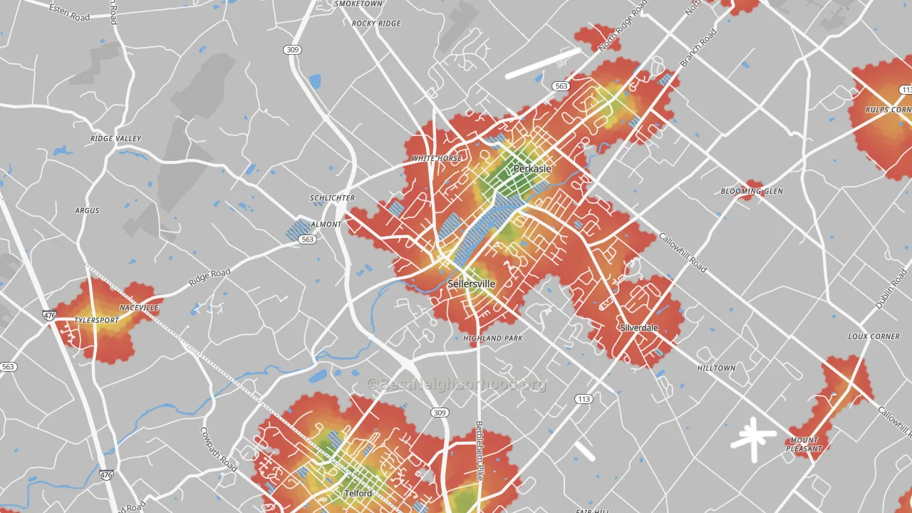 Walk Grade map of 18960, PA, walkable areas in green and car-dependent areas in red