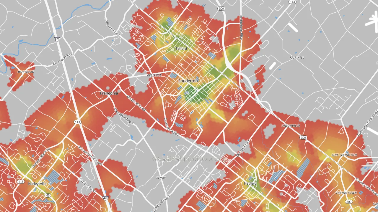 Walk Grade map of 18964, PA, walkable areas in green and car-dependent areas in red
