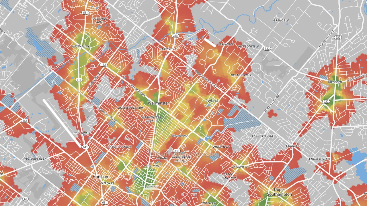 Walk Grade map of 18974, PA, walkable areas in green and car-dependent areas in red