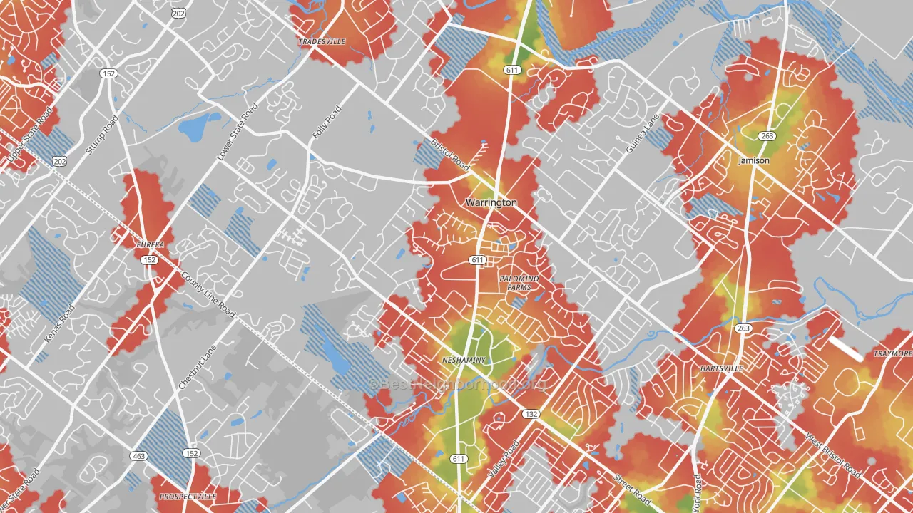 Walk Grade map of 18976, PA, walkable areas in green and car-dependent areas in red