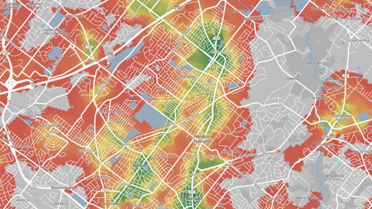 Walk Grade map of 19001, PA, walkable areas in green and car-dependent areas in red