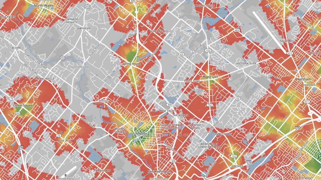 Walk Grade map of 19002, PA, walkable areas in green and car-dependent areas in red