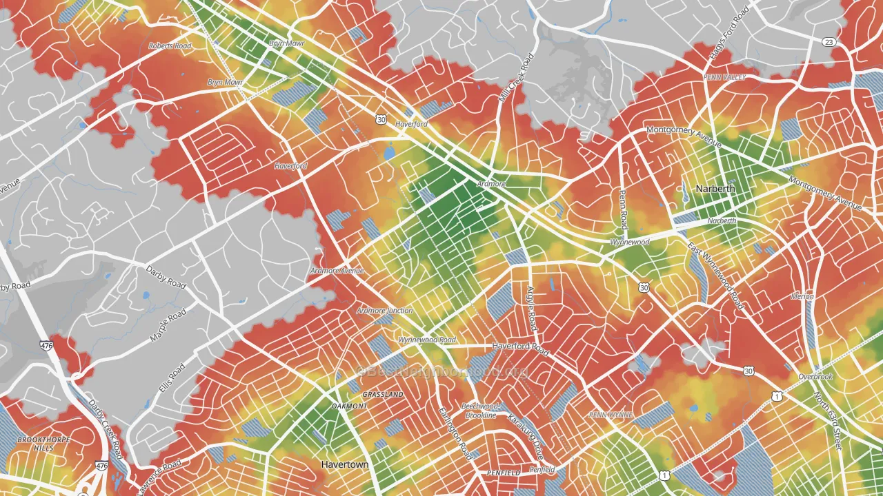 Walk Grade map of 19003, PA, walkable areas in green and car-dependent areas in red