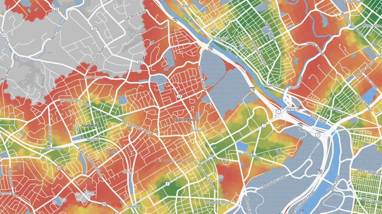 Walk Grade map of 19004, PA, walkable areas in green and car-dependent areas in red