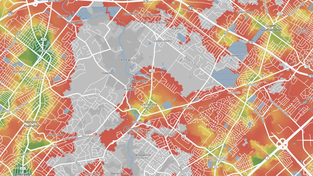 Walk Grade map of 19006, PA, walkable areas in green and car-dependent areas in red