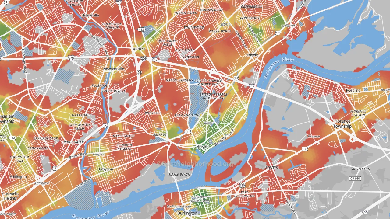 Walk Grade map of 19007, PA, walkable areas in green and car-dependent areas in red
