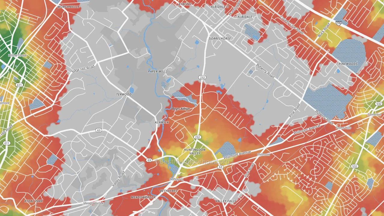 Walk Grade map of 19009, PA, walkable areas in green and car-dependent areas in red
